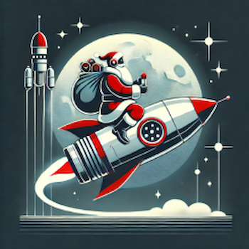 Santa Clause riding on a rocket in front of the moon, with stars around it.