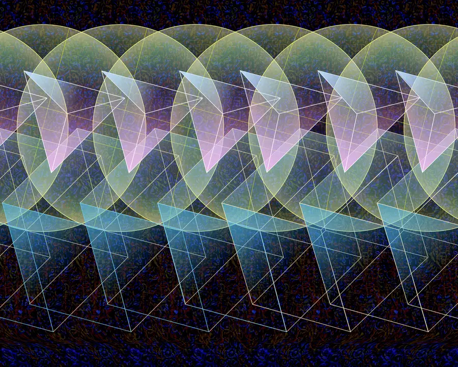 Translucent circles, squares, and triangles overlapping in a pattern.